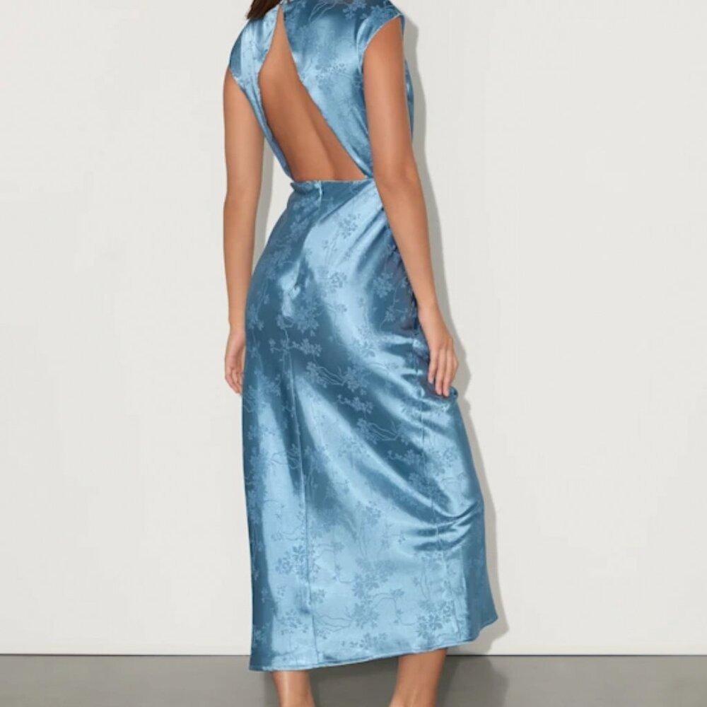 NWT Lulus Gia Slate Blue Satin Jacquard Cutout Midi Dress – Event/Wedding Guest